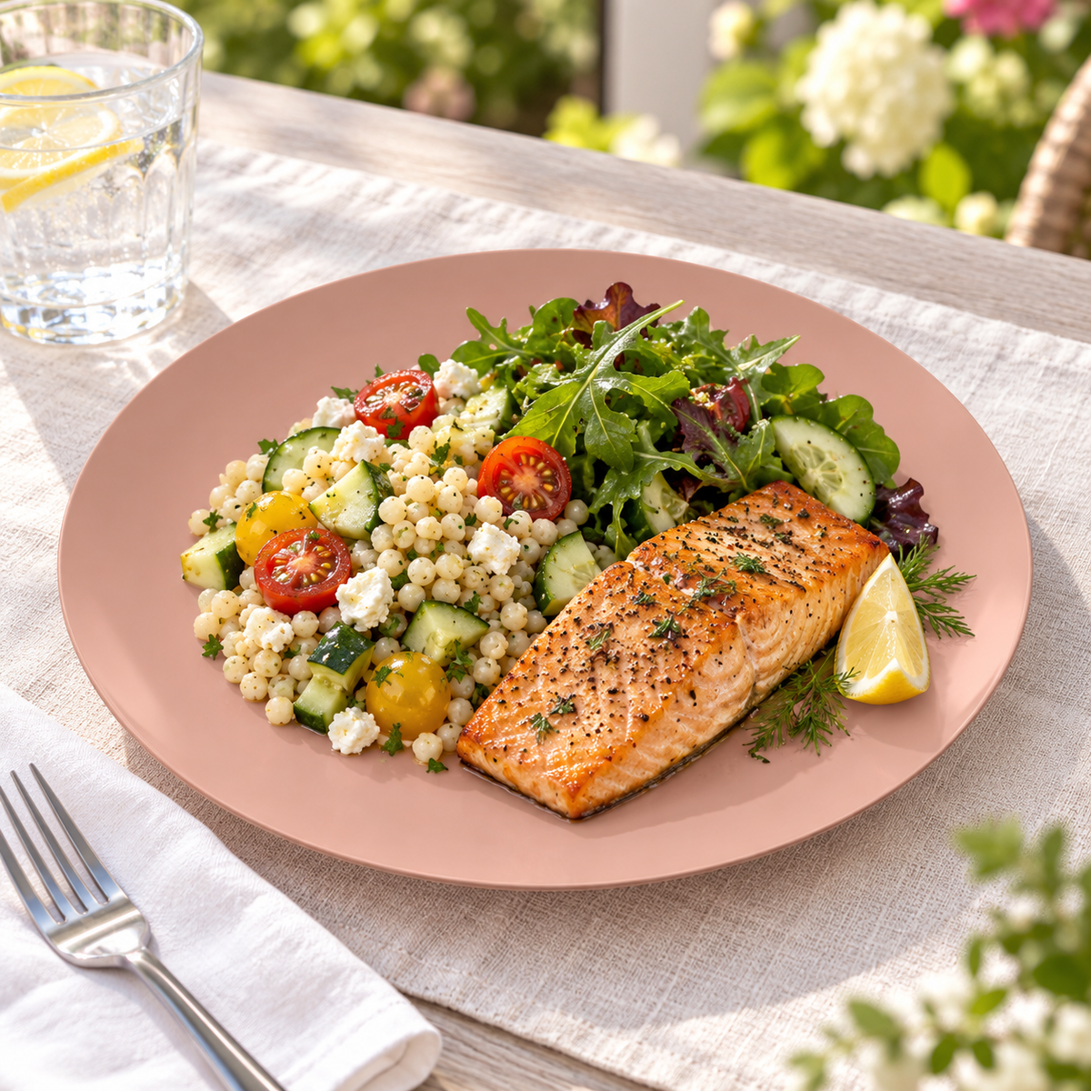 Dusty peach blush dinner plate holding salmon and couscous salad on a sunlit patio table. Food and styling props not included.