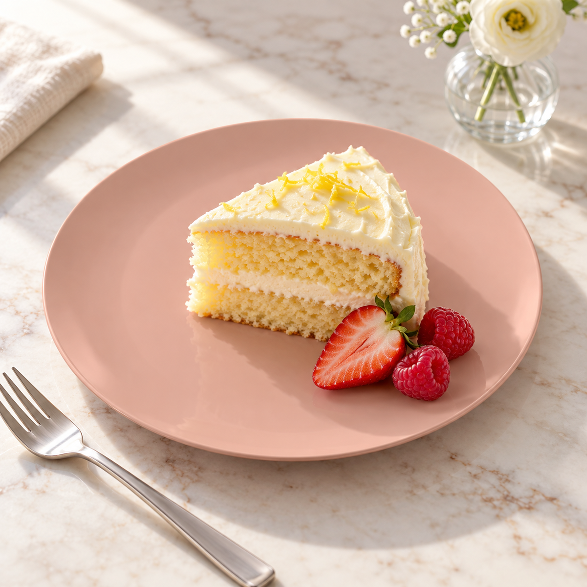 Dusty peach blush dessert plate holding lemon cake and berries on a pale stone counter. Food and styling props not included.