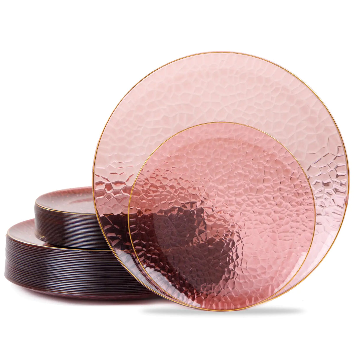 Transparent rose-burgundy hammered plates with a thin gold rim, original product photograph on white.