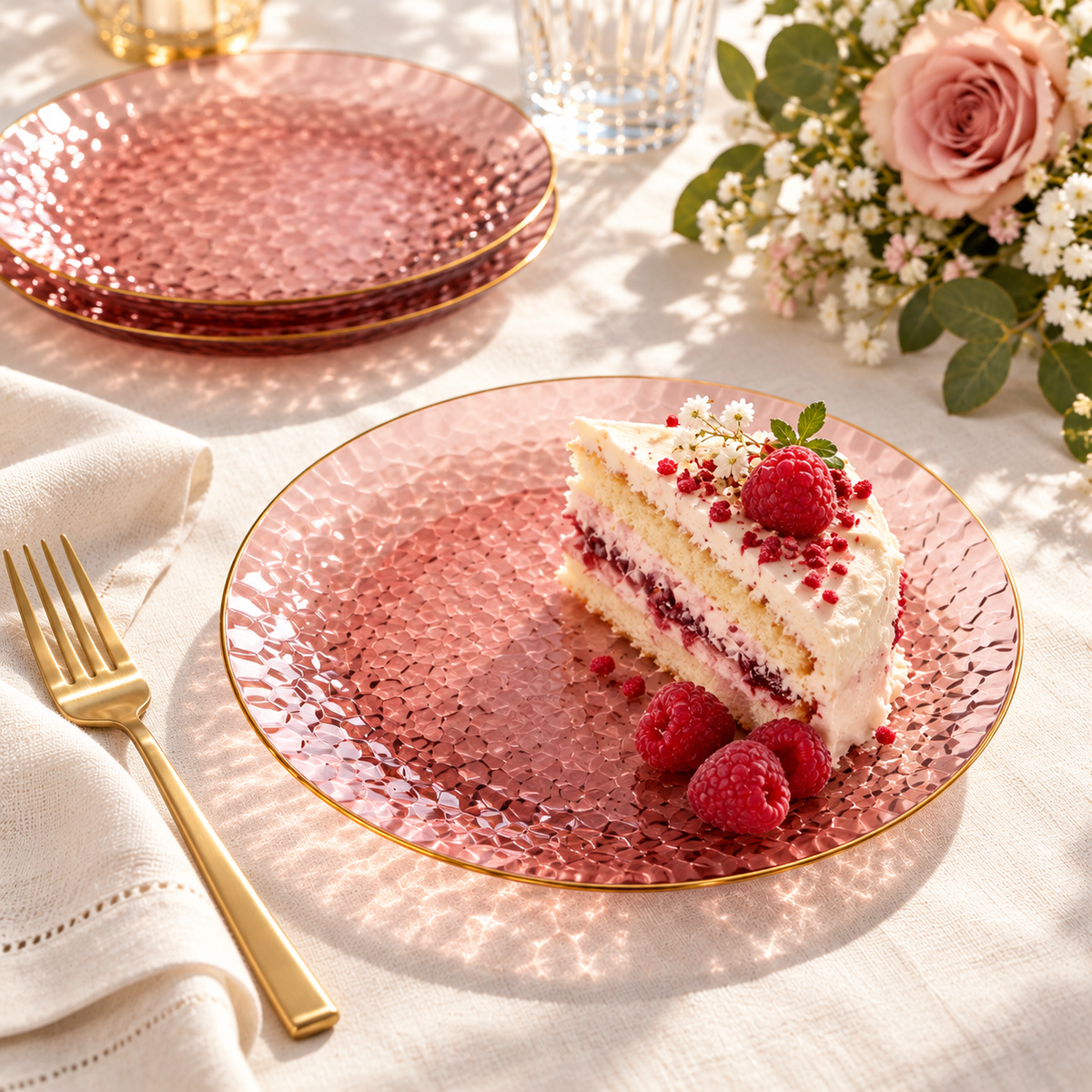Transparent rose-burgundy hammered plates with a thin gold rim, styled table scene. Food and styling props not included.