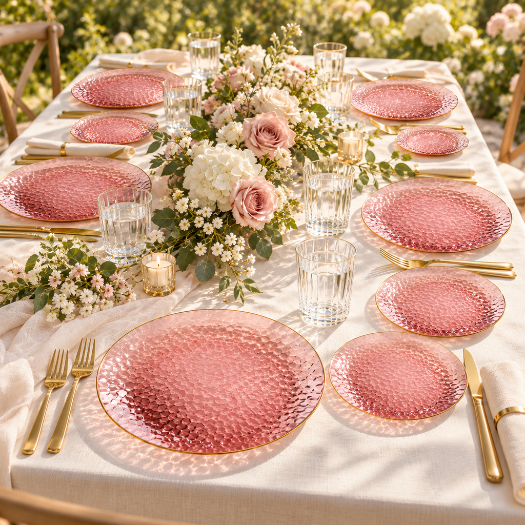 Transparent rose-burgundy hammered plates with a thin gold rim, styled table scene. Food and styling props not included.