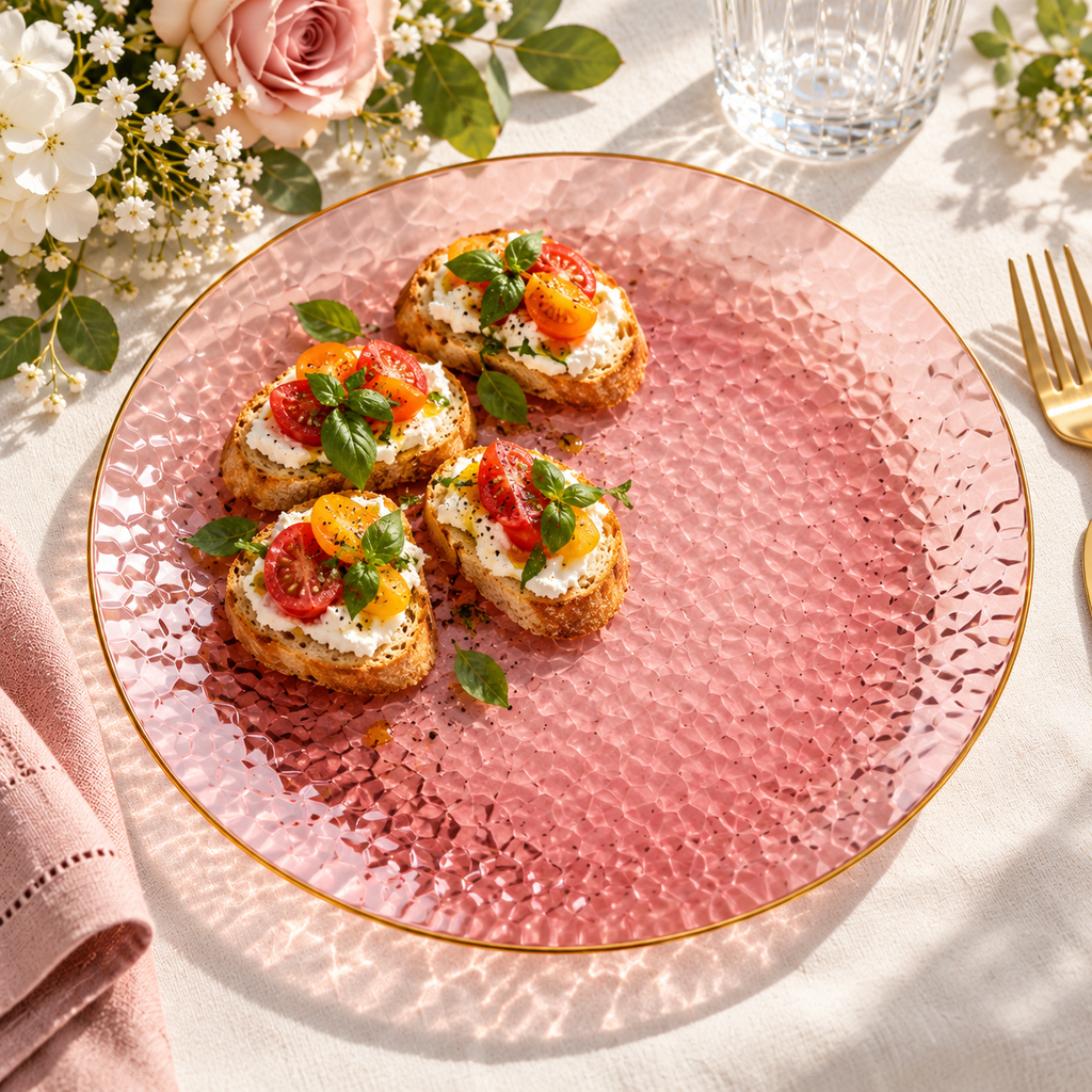Transparent rose-burgundy hammered plates with a thin gold rim, styled table scene. Food and styling props not included.