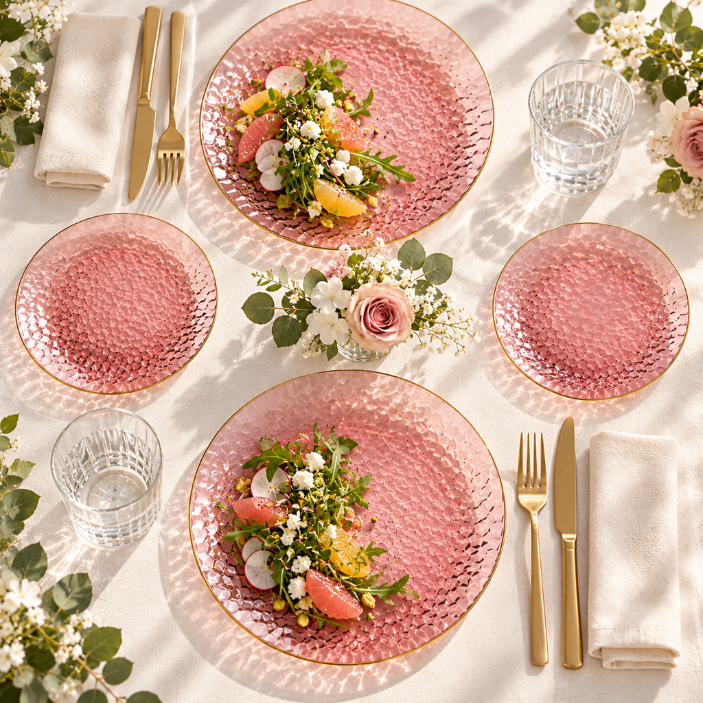 Transparent rose-burgundy hammered plates with a thin gold rim, styled table scene. Food and styling props not included.