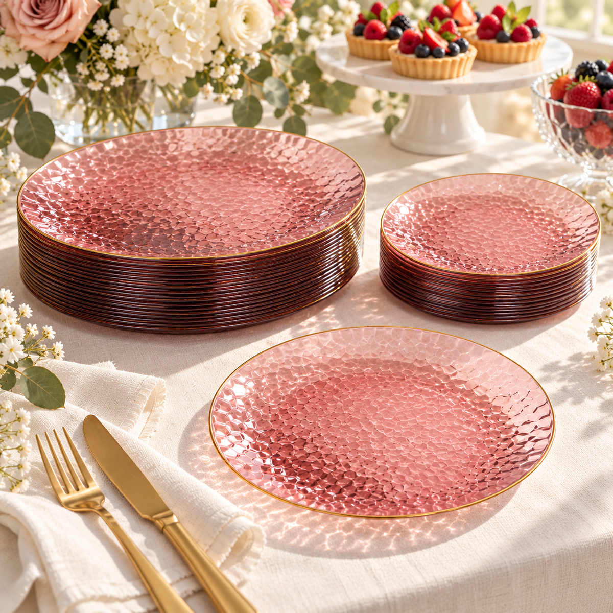 Transparent rose-burgundy hammered plates with a thin gold rim, styled table scene. Food and styling props not included.