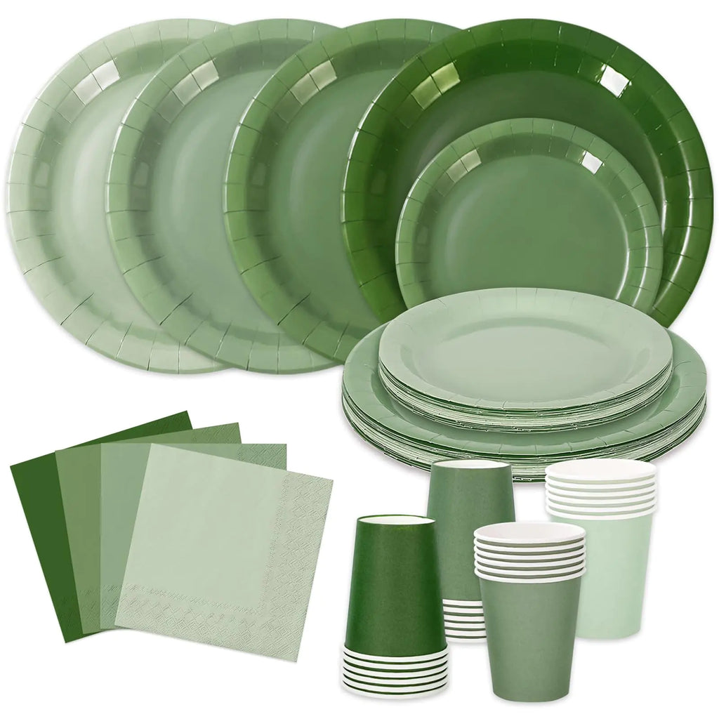 Supplier photograph of solid green paper plates in two sizes with matching plain paper cups and square paper napkins in four sage to forest tones.