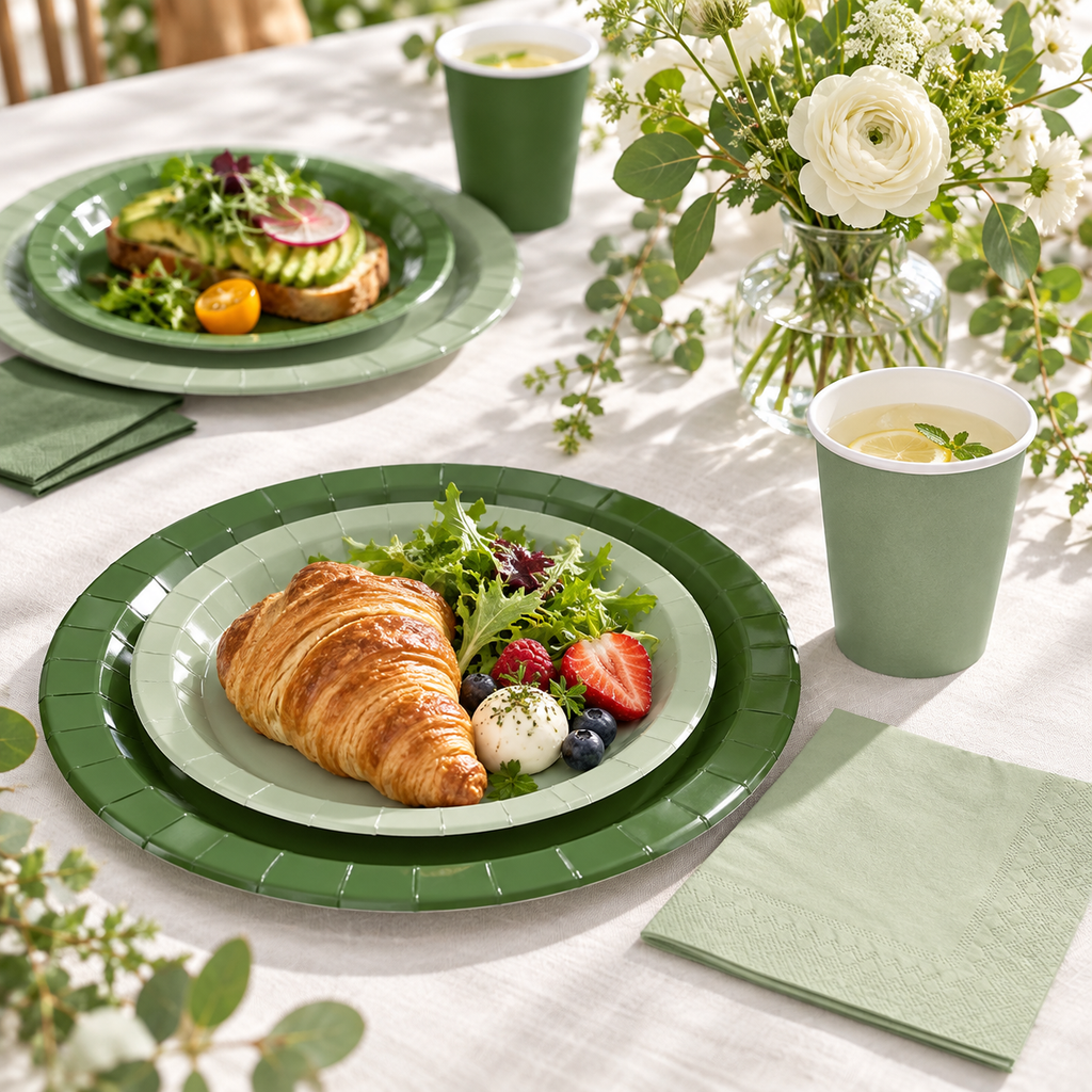 Sage green paper plates with croissants, fruit and salad beside plain green paper cups and matching napkins on an ivory linen brunch table. Representative arrangement; food and styling props not included.