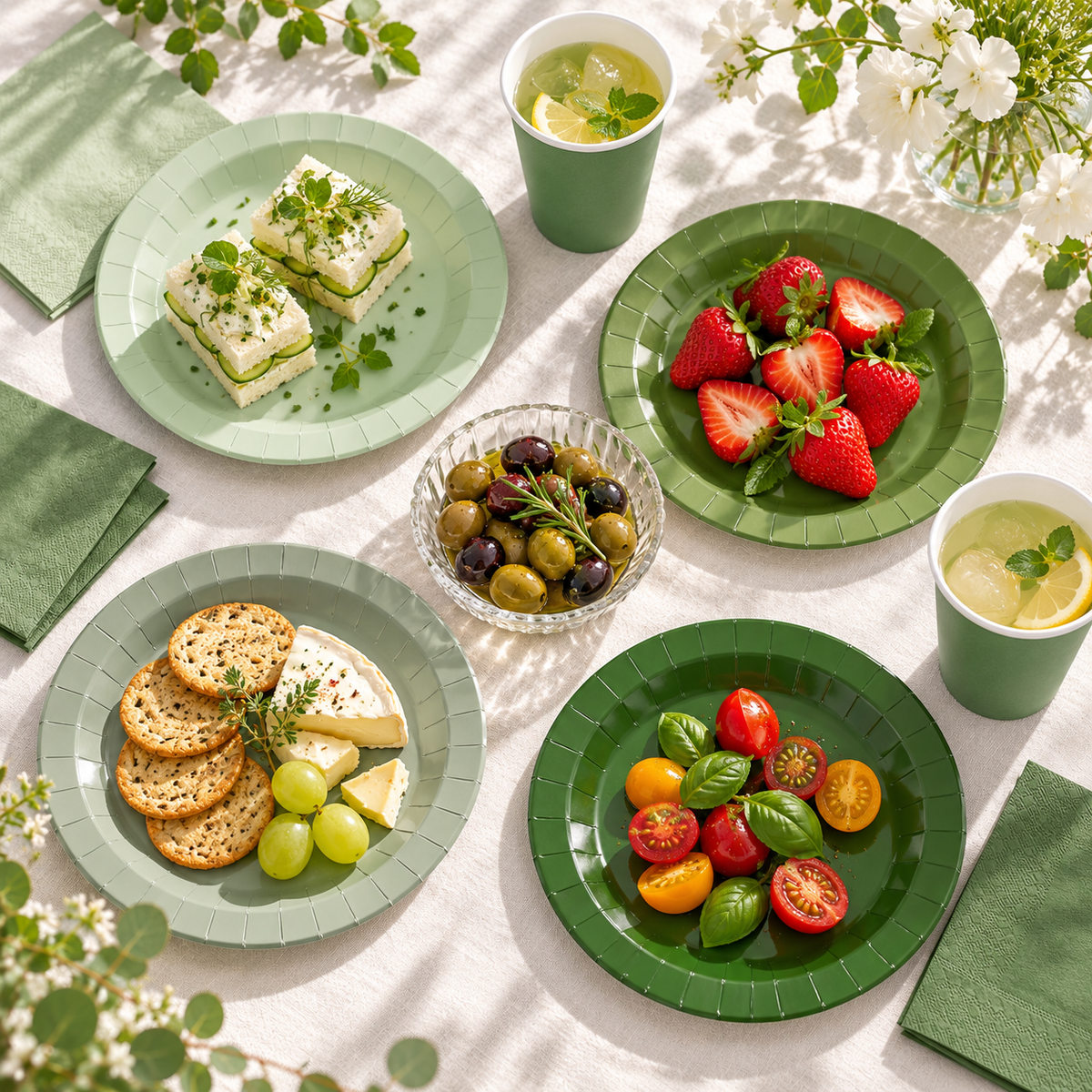 Overhead view of four solid green paper plates holding sandwiches, cheese, strawberries and tomatoes, with green paper cups and napkins on ivory linen. Representative arrangement; food and styling props not included.