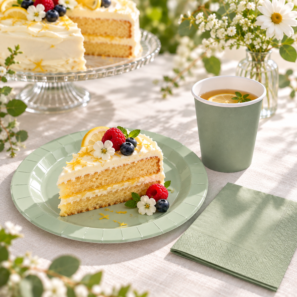 Lemon layer cake on a pale sage paper plate beside a plain green paper cup and folded green napkin, with white flowers in the background. Representative arrangement; food and styling props not included.