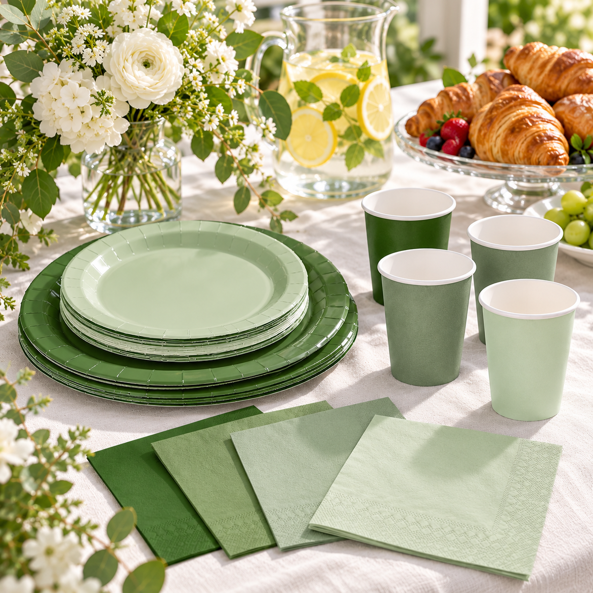 Stacks of green paper plates, four plain green paper cups and folded matching napkins arranged on ivory linen beside lemonade, pastries and white flowers. Representative arrangement; food and styling props not included.