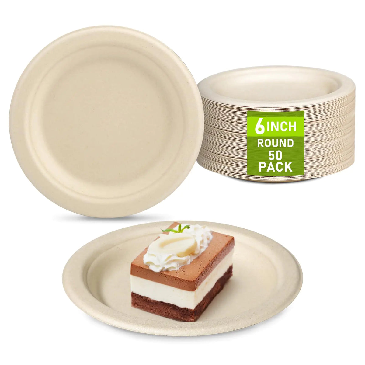 Supplier photograph of natural beige round dessert plates, showing an empty upright plate, a labeled stack and a plate with cake.