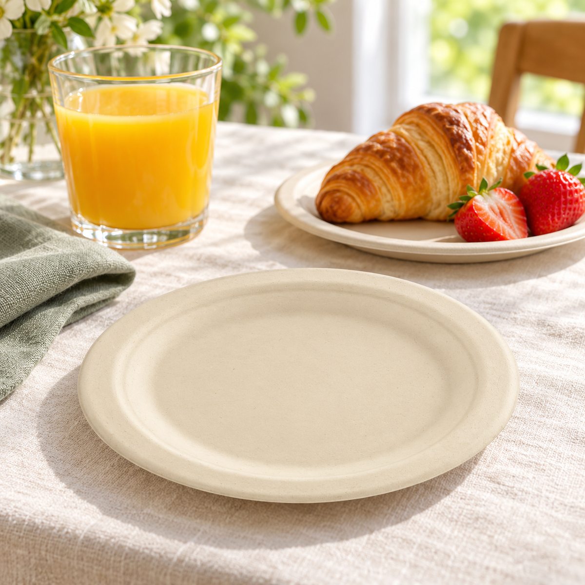 Empty natural beige round dessert plate on cream linen, with croissant, strawberries and orange juice in a bright brunch setting. Representative arrangement; food and styling props not included.