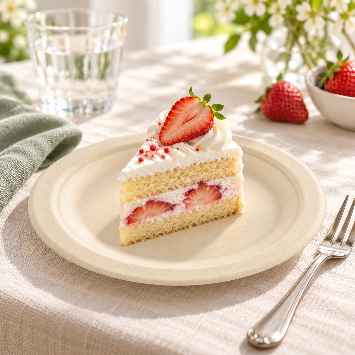Natural beige round dessert plate with a small slice of strawberry sponge cake on a cream linen table. Representative arrangement; food and styling props not included.