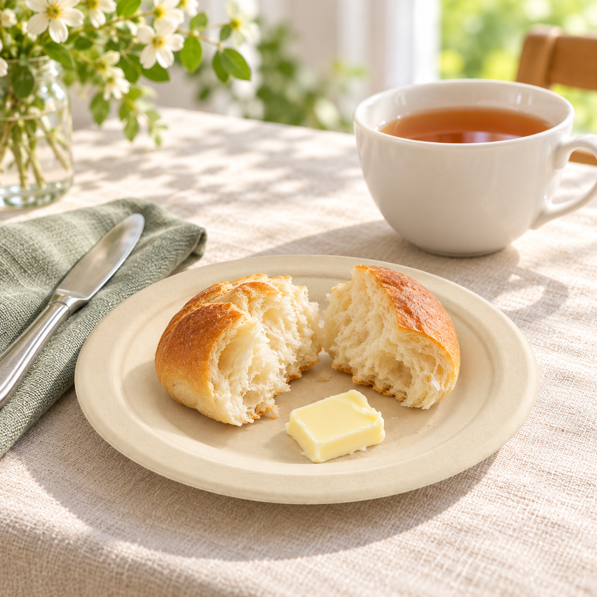 Natural beige round dessert plate with a torn bread roll and butter beside a cup of tea and pale sage napkin. Representative arrangement; food and styling props not included.