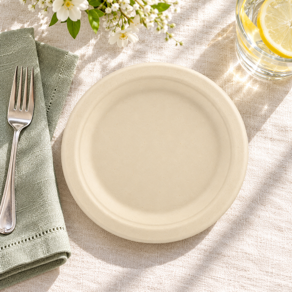 Overhead view of an empty natural beige round dessert plate with a small fork, pale sage napkin and lemon water. Representative arrangement; food and styling props not included.