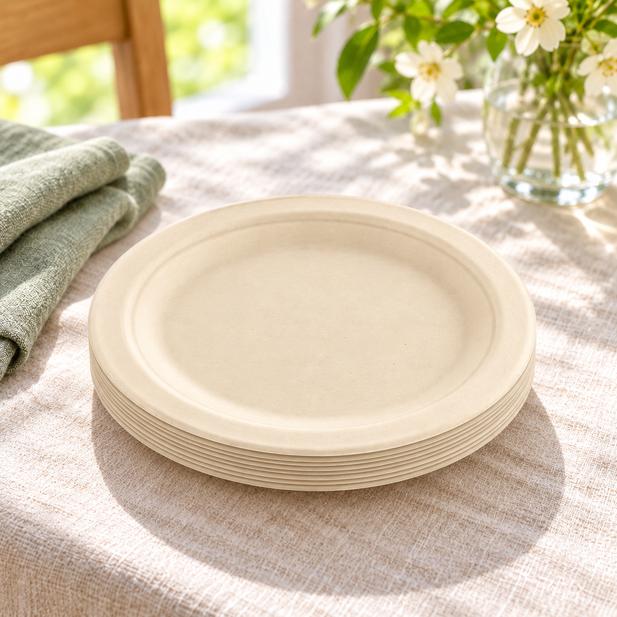 Short stack of natural beige round dessert plates on cream linen beside pale sage napkins. Representative arrangement; food and styling props not included.