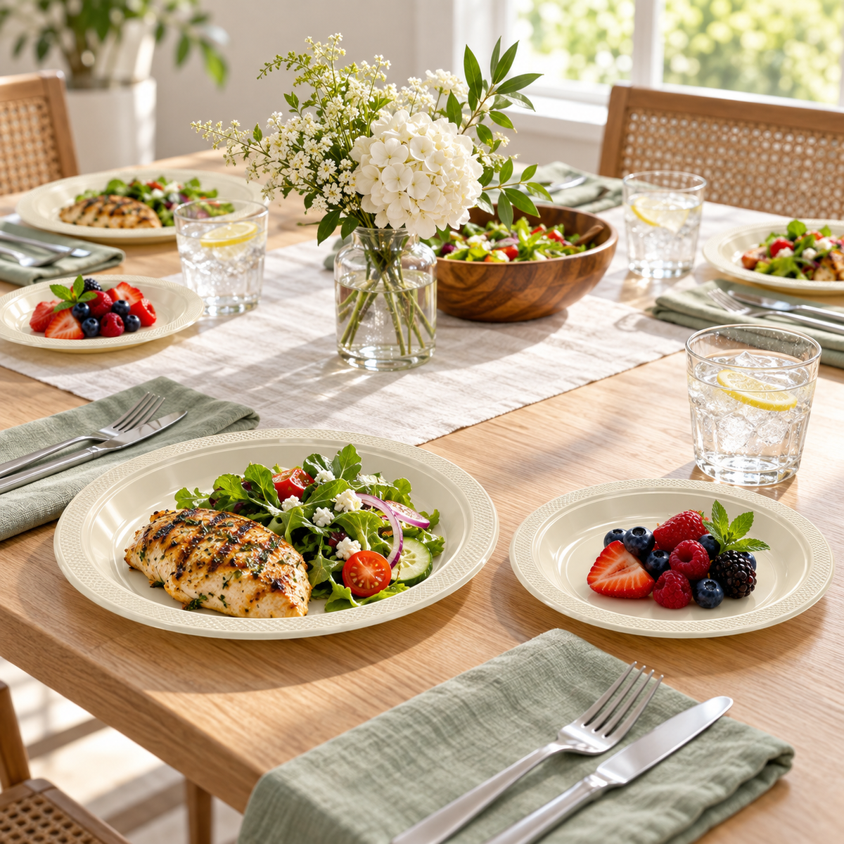 Ivory dinner and dessert plates with narrow crosshatched rims on a bright party table. Food and styling props not included.