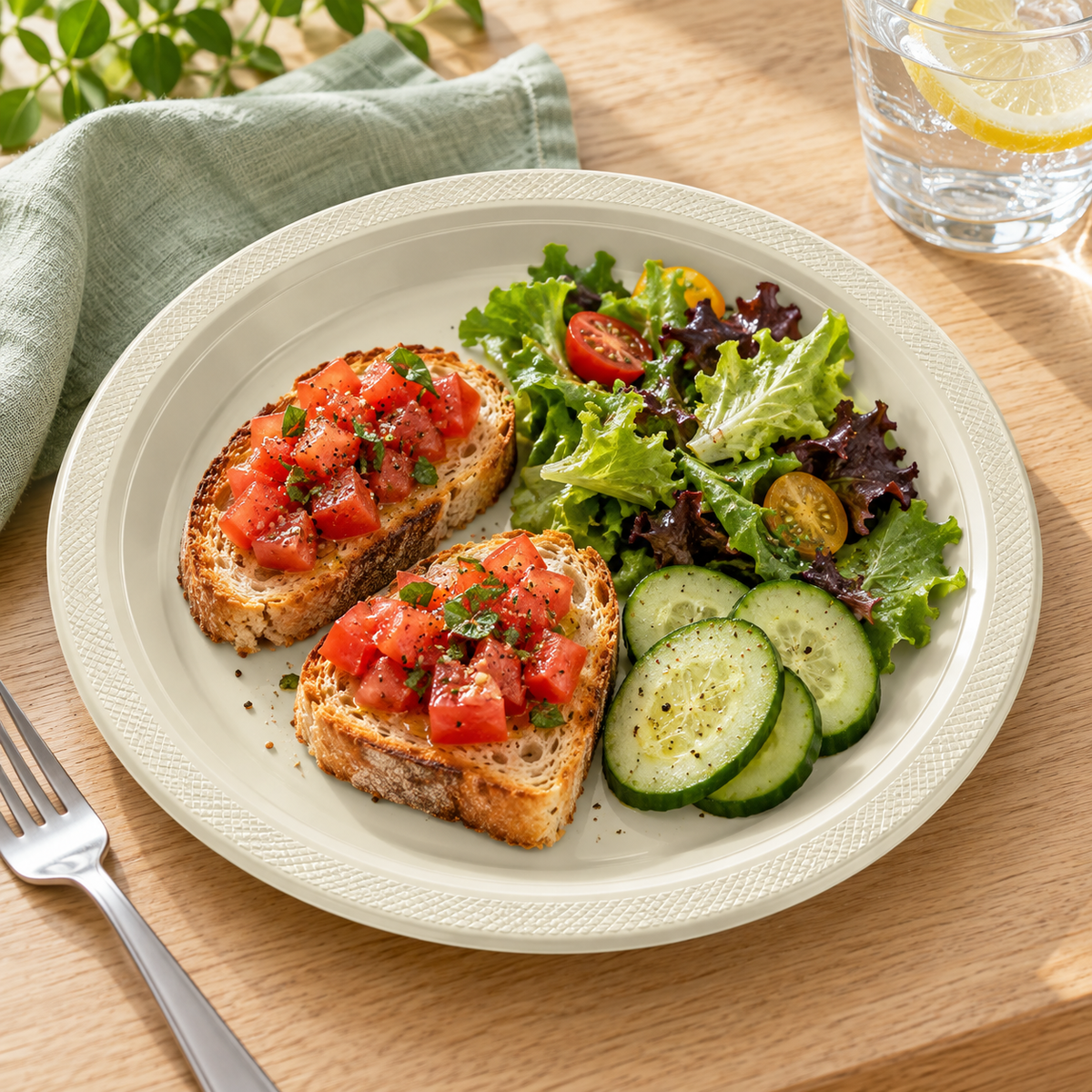 An ivory plate with bruschetta and salad beside sage linen on a wooden table. Food and styling props not included.