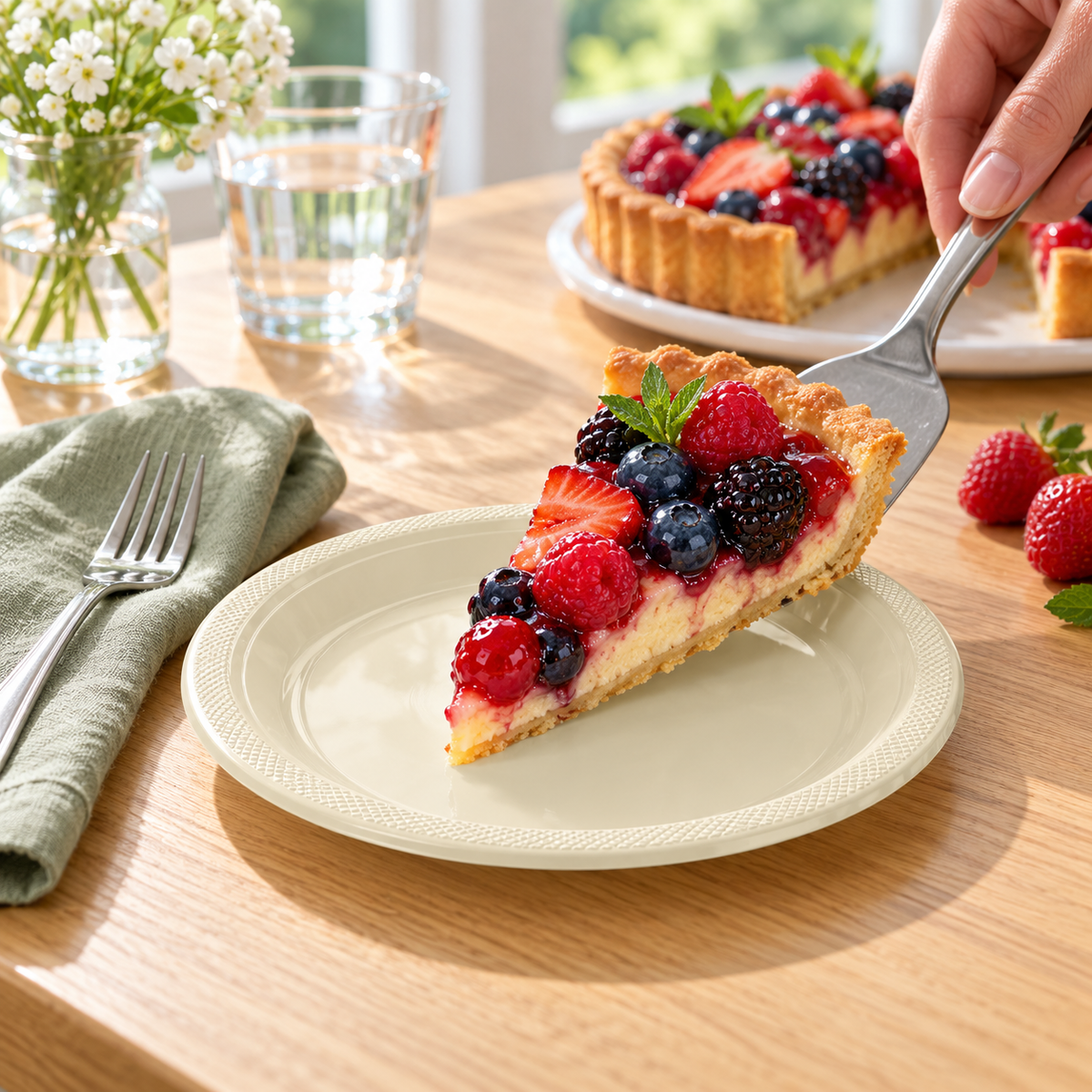 Berry tart served onto a small ivory plate with a fine crosshatched rim. Food and styling props not included.