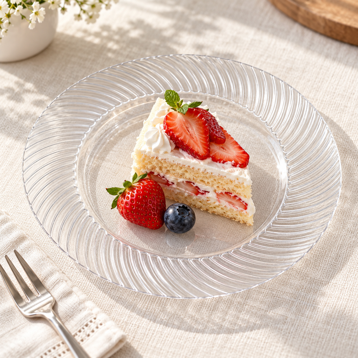 Clear 7-inch plates with a curved ribbed rim, styled table scene. Food and styling props not included.