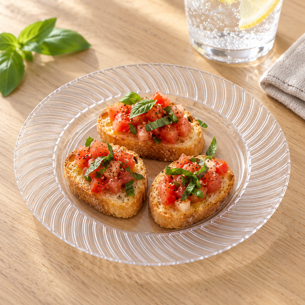 Clear 7-inch plates with a curved ribbed rim, styled table scene. Food and styling props not included.