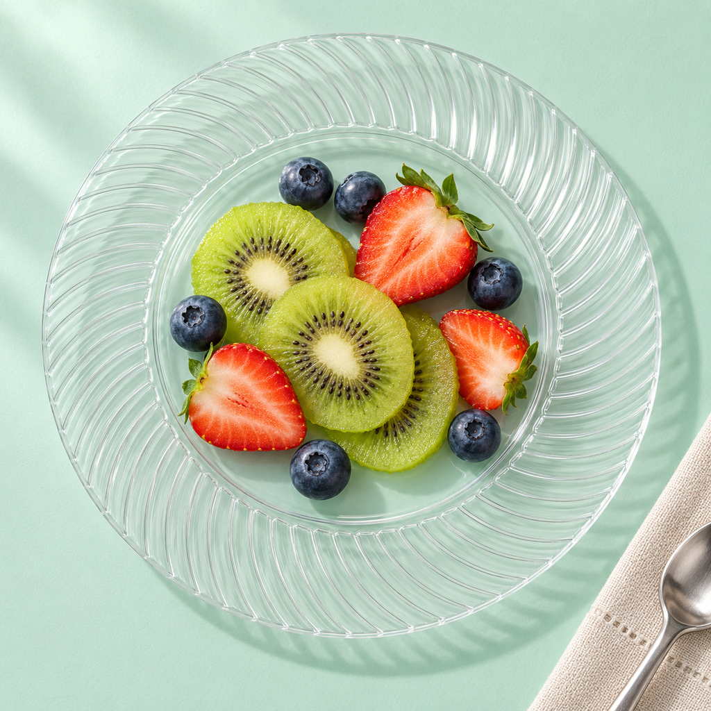 Clear 7-inch plates with a curved ribbed rim, styled table scene. Food and styling props not included.