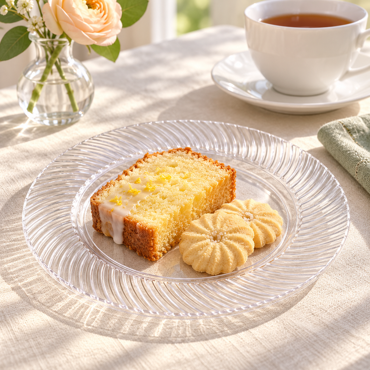 Clear 7-inch plates with a curved ribbed rim, styled table scene. Food and styling props not included.
