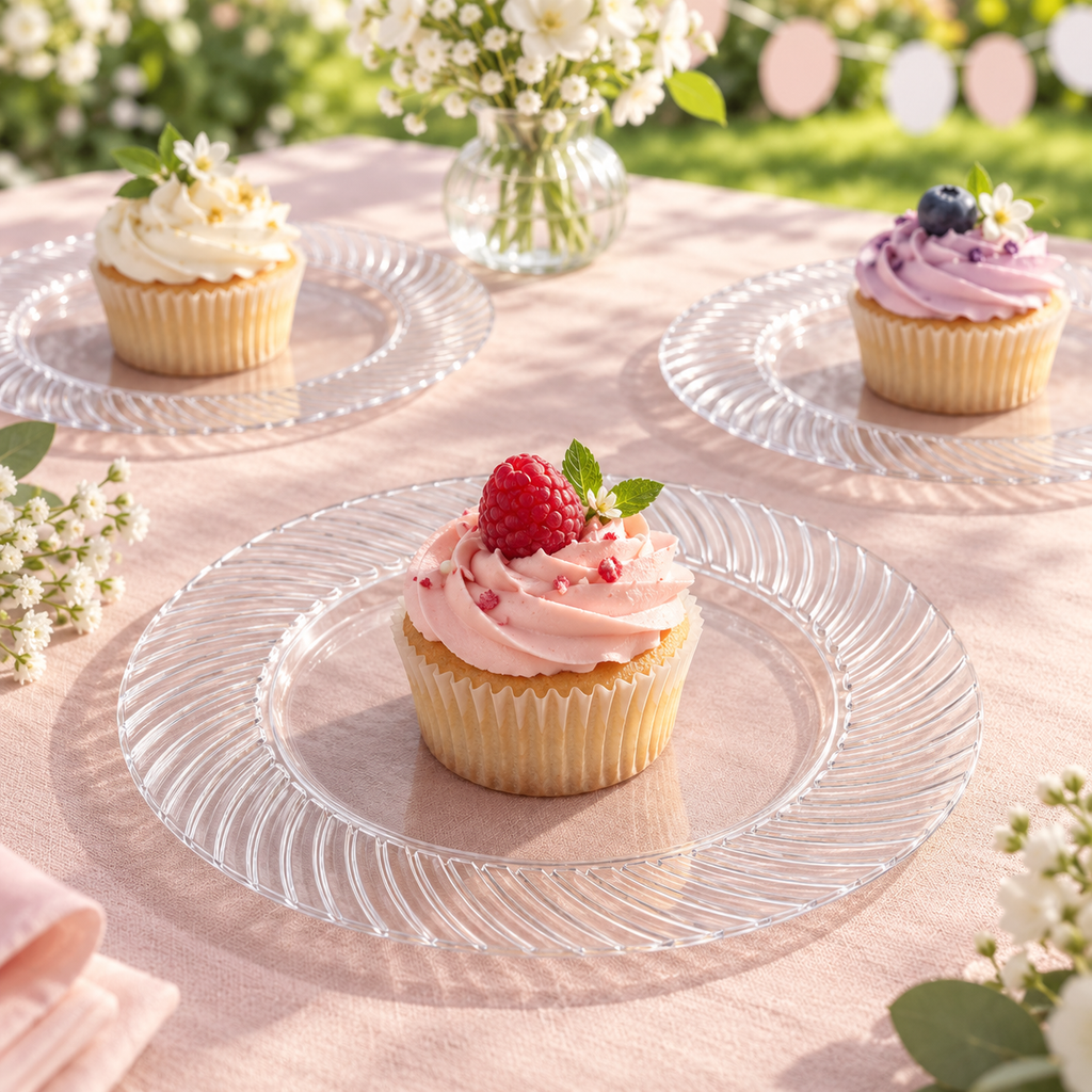 Clear 7-inch plates with a curved ribbed rim, styled table scene. Food and styling props not included.