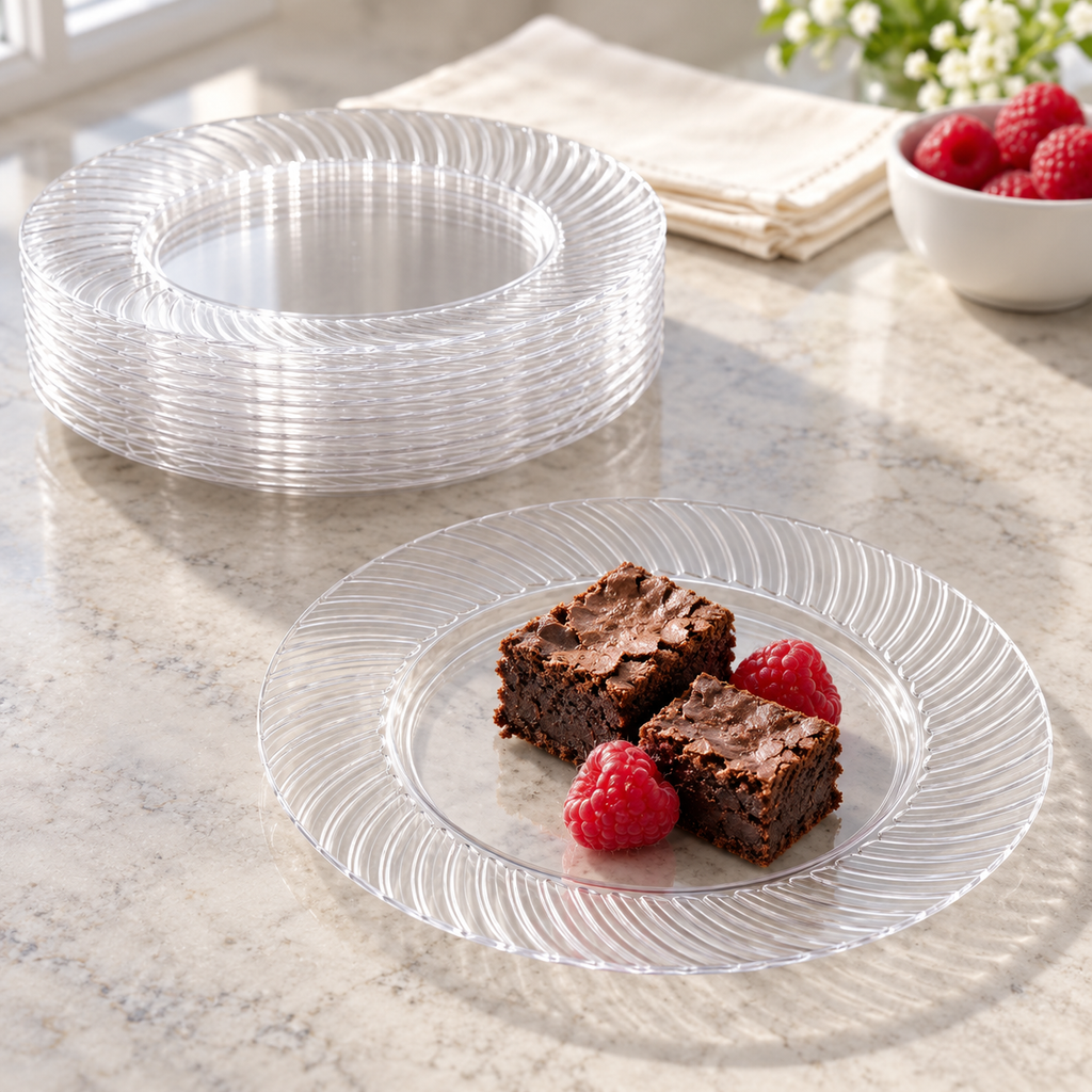 Clear 7-inch plates with a curved ribbed rim, styled table scene. Food and styling props not included.