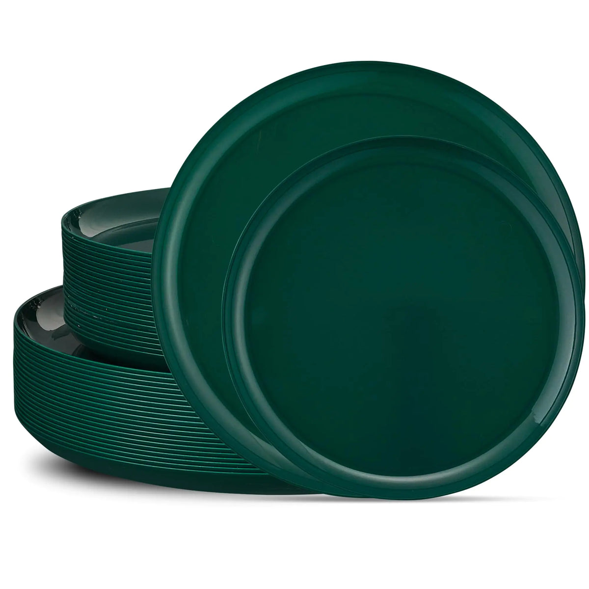Two sizes of dark green plastic party plates with matching stacks on a white background.