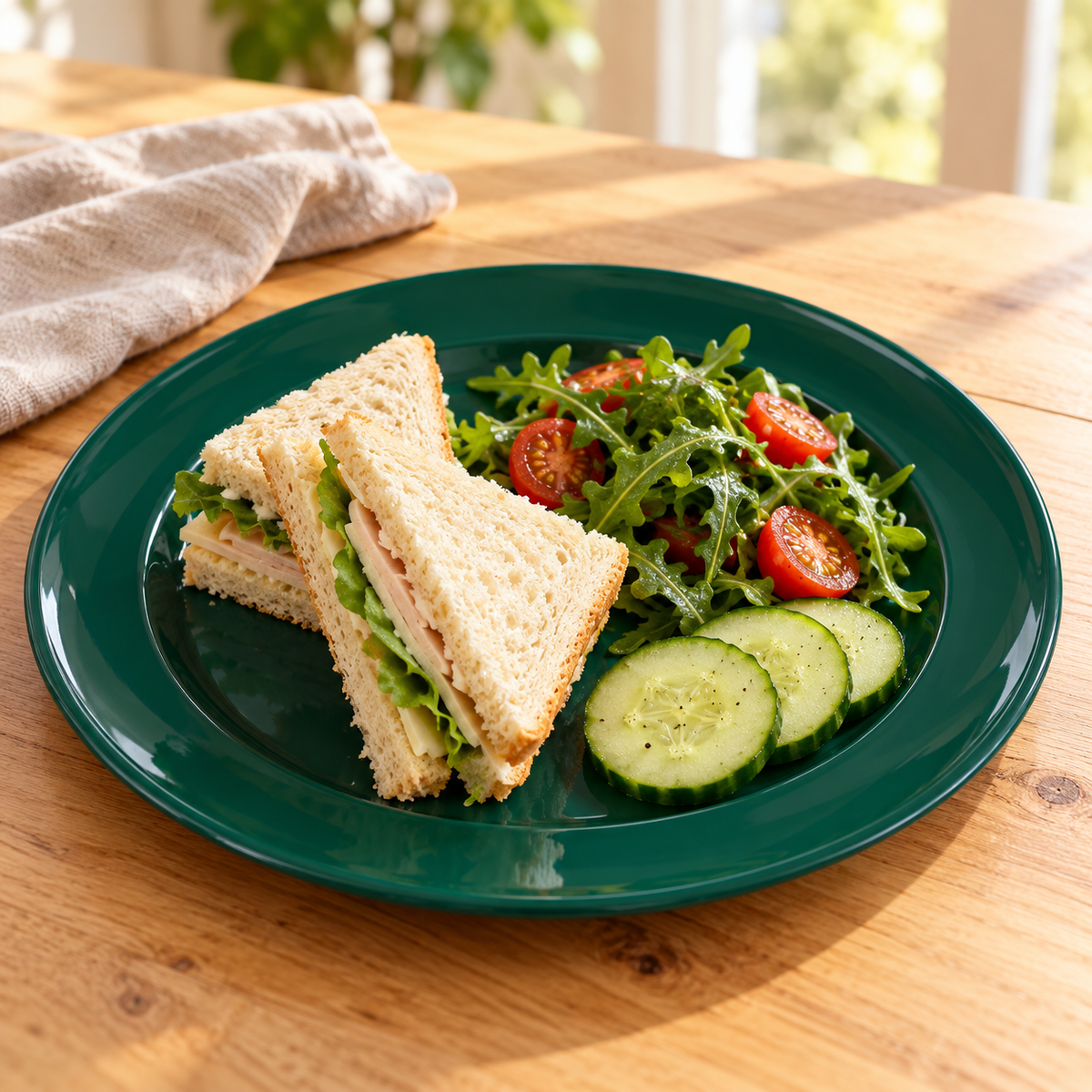 Dark green plastic plate holding sandwiches, salad and cucumber on a wooden table. Food and styling props not included.