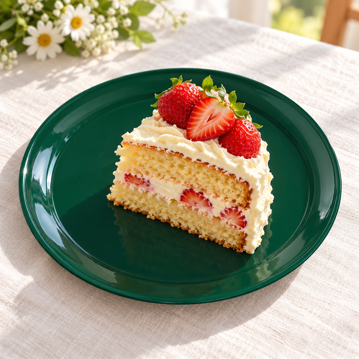 Strawberry sponge cake on a dark green plastic plate set on ivory linen. Food and styling props not included.