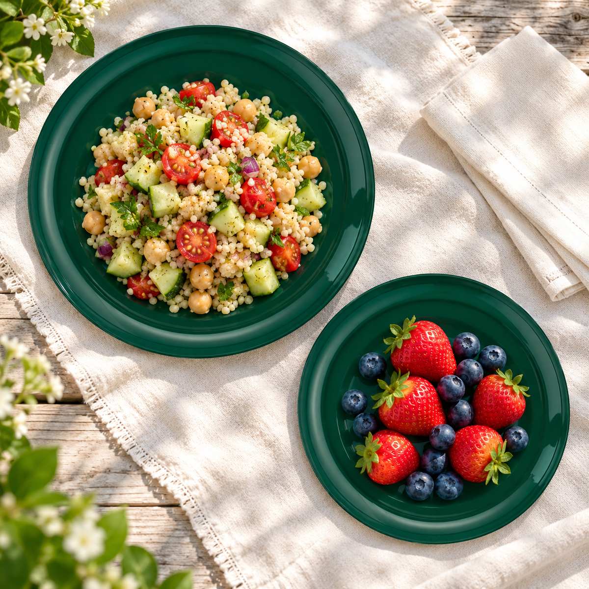 Two sizes of dark green plastic plates with couscous salad and berries on a picnic table. Food and styling props not included.
