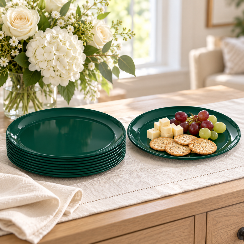 A thin stack of dark green plastic plates beside a matching plate of crackers, cheese and grapes. Food and styling props not included.