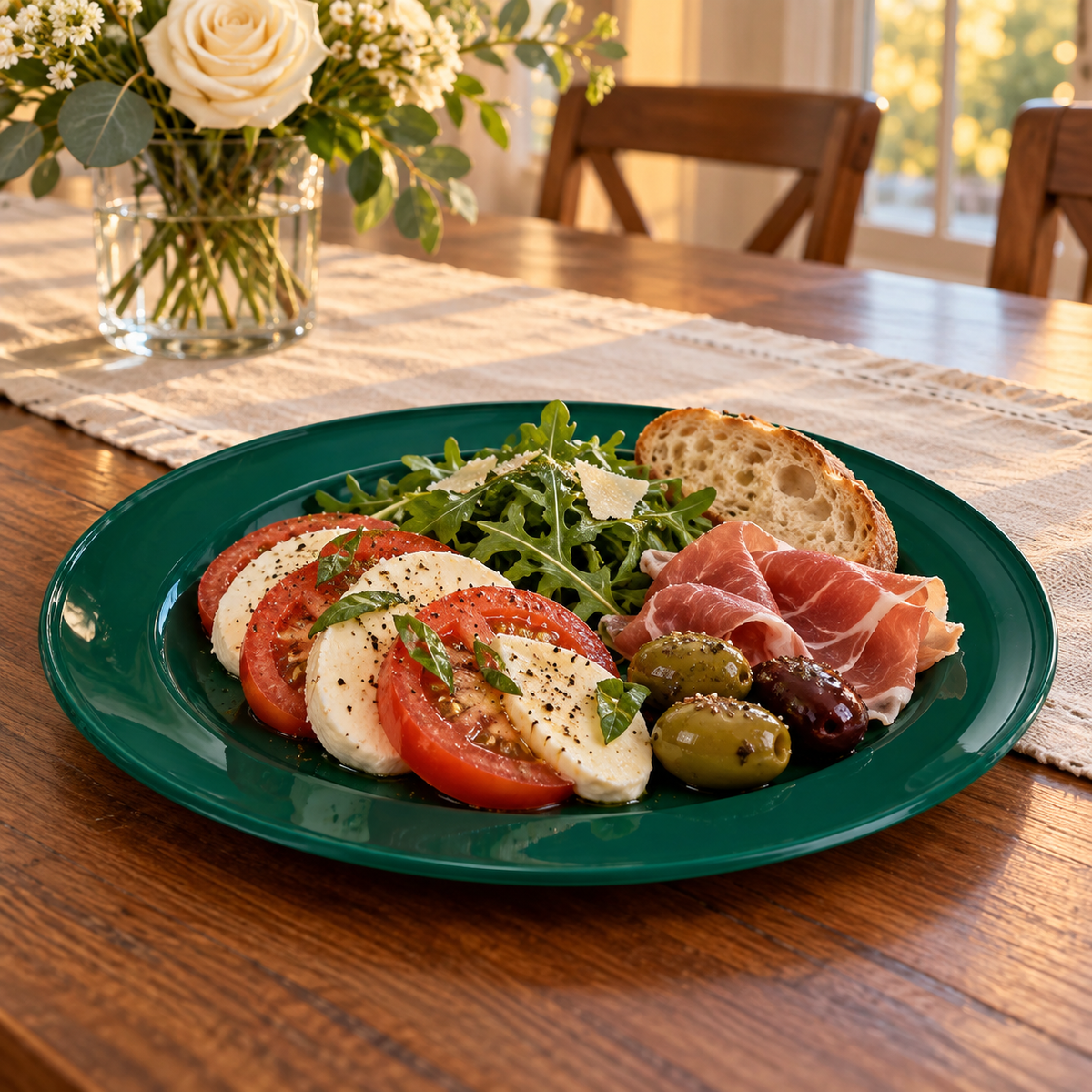 Dark green plastic plate with antipasto, salad and bread on a warm wooden dining table. Food and styling props not included.