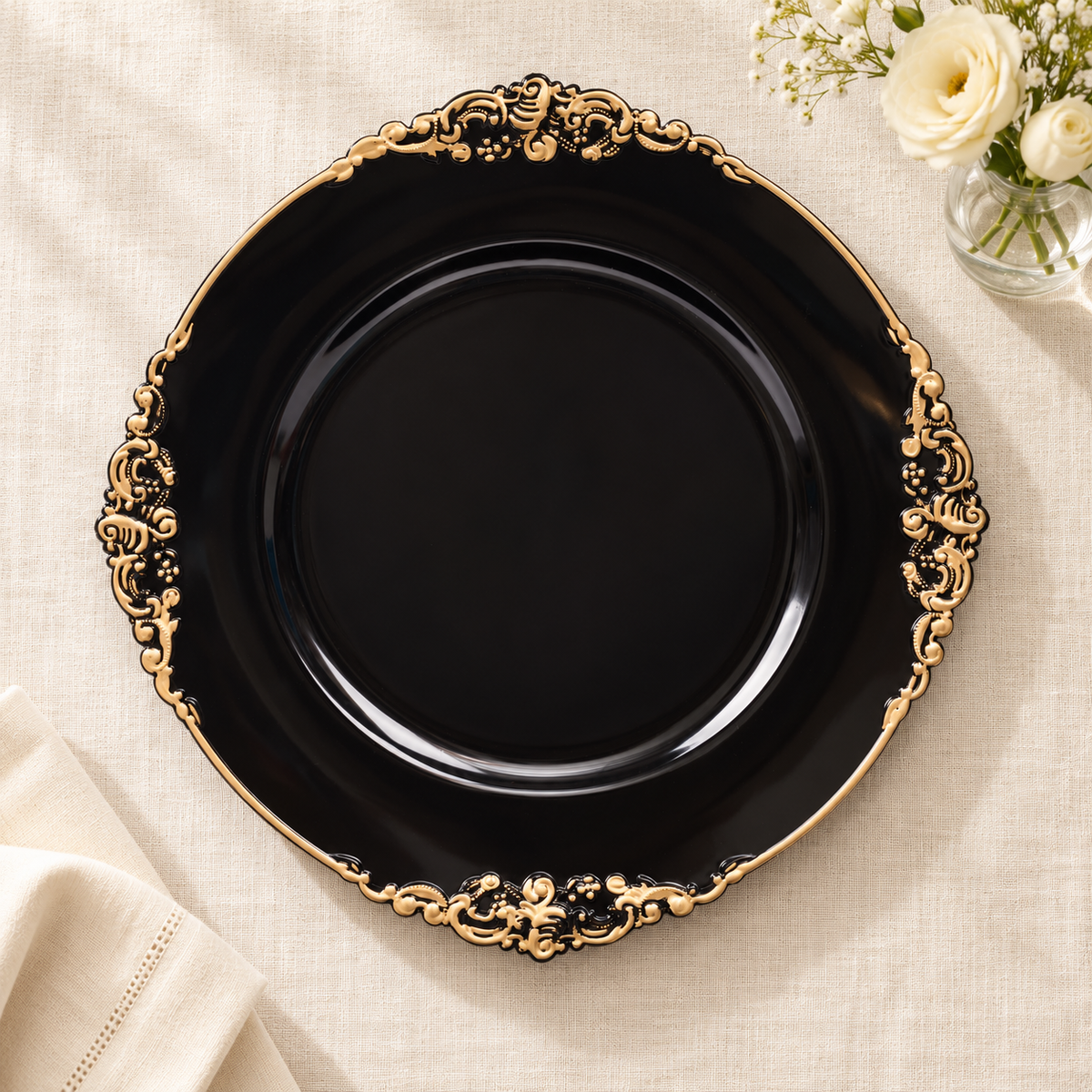 Plate, floral hero. Representative arrangement; food and styling props not included.