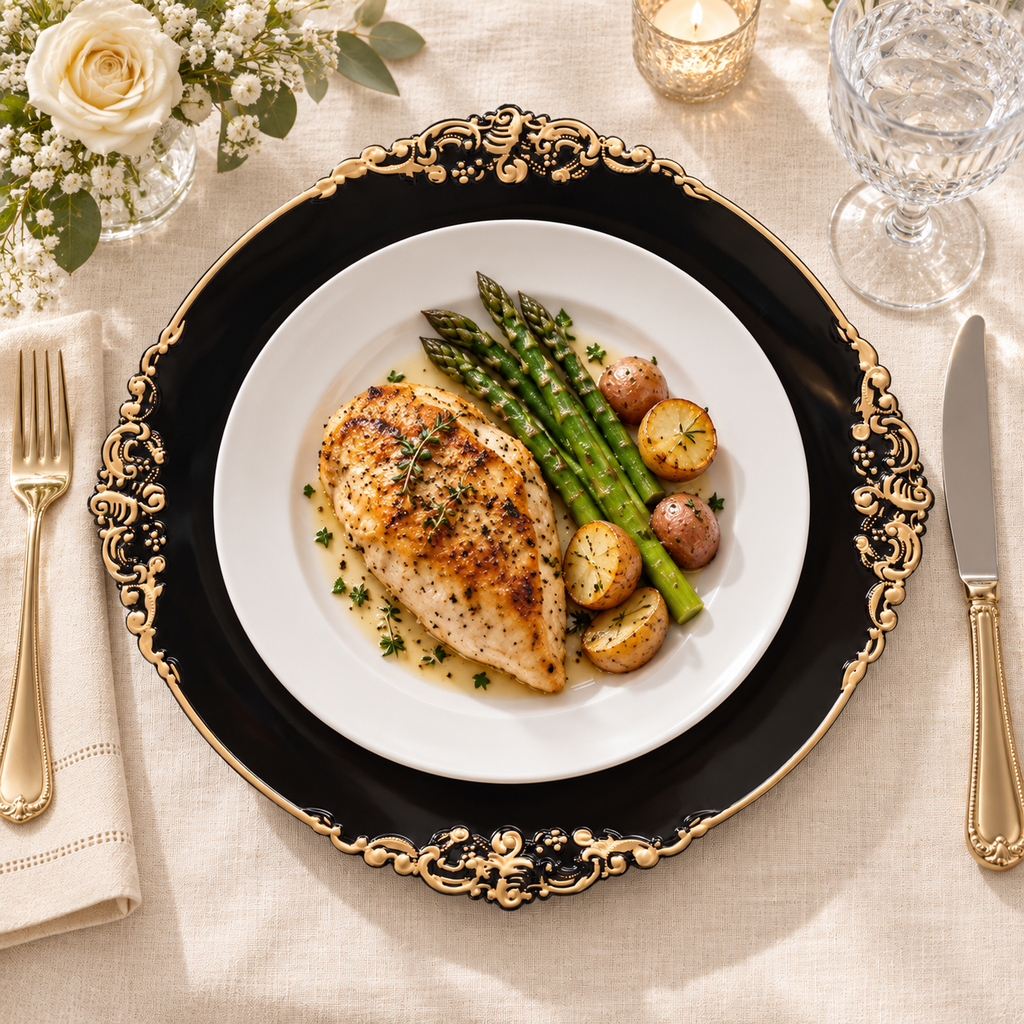 Plate, dinner course. Representative arrangement; food and styling props not included.