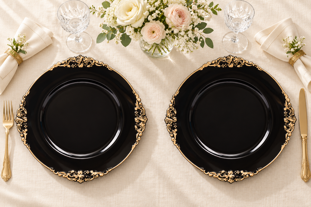 Plate, two guest setting. Representative arrangement; food and styling props not included.