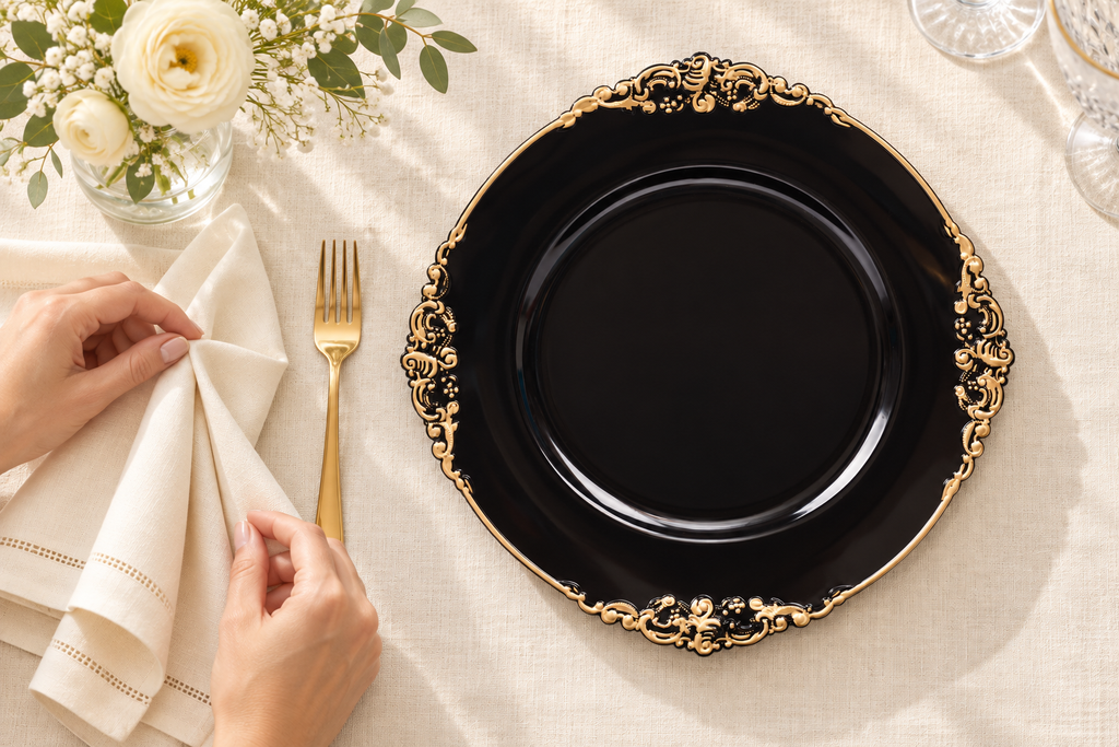 Plate, setting action. Representative arrangement; food and styling props not included.