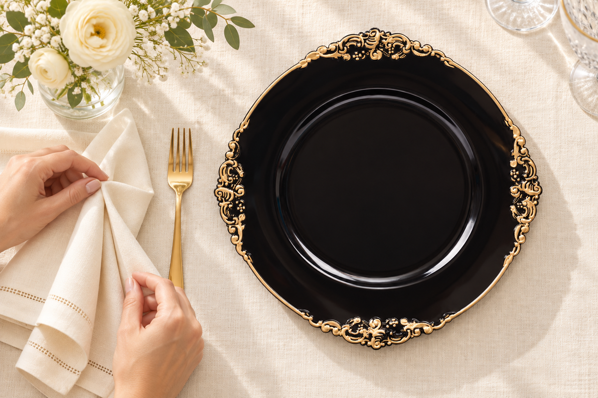 Plate, setting action. Representative arrangement; food and styling props not included.