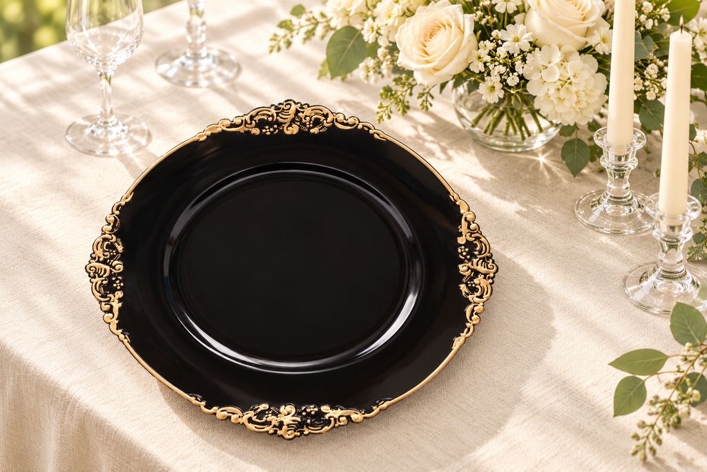 Plate, wide event context. Representative arrangement; food and styling props not included.