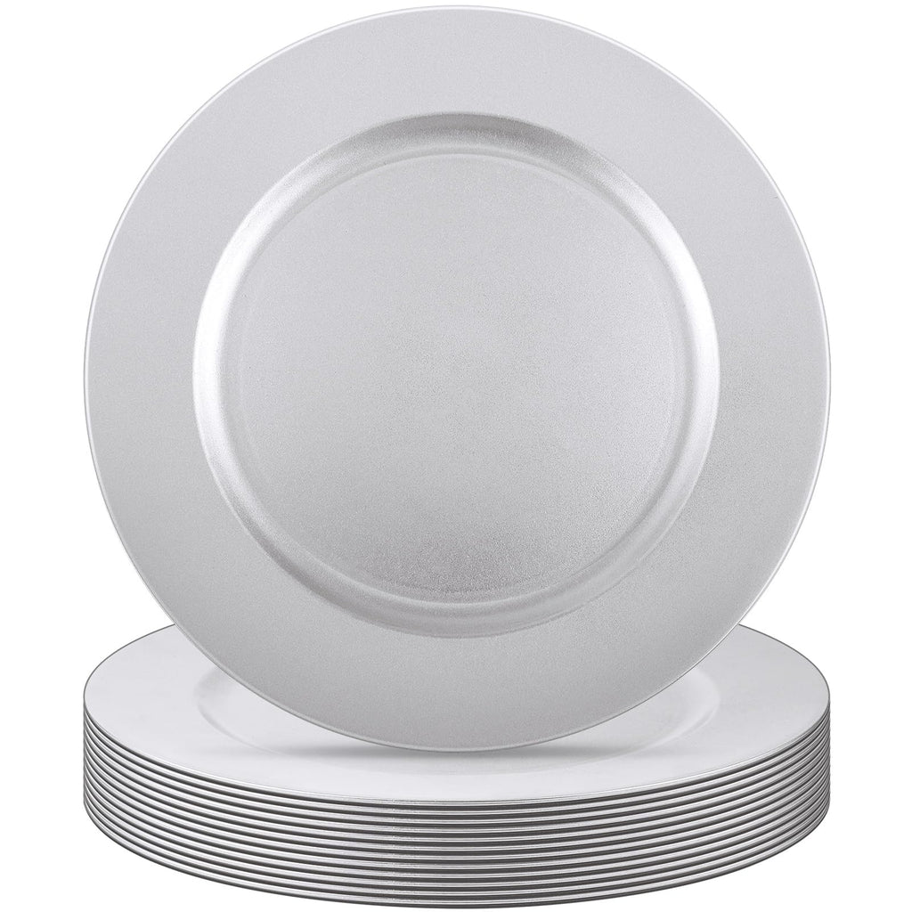 Silver white round charger with a broad plain rim and recessed center, shown upright in front of a stack on a white background.