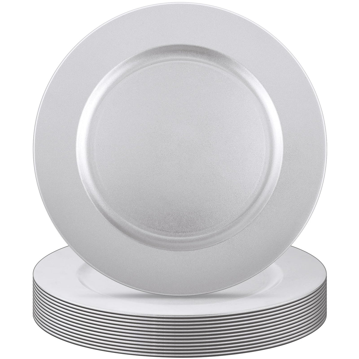 Silver white round charger with a broad plain rim and recessed center, shown upright in front of a stack on a white background.