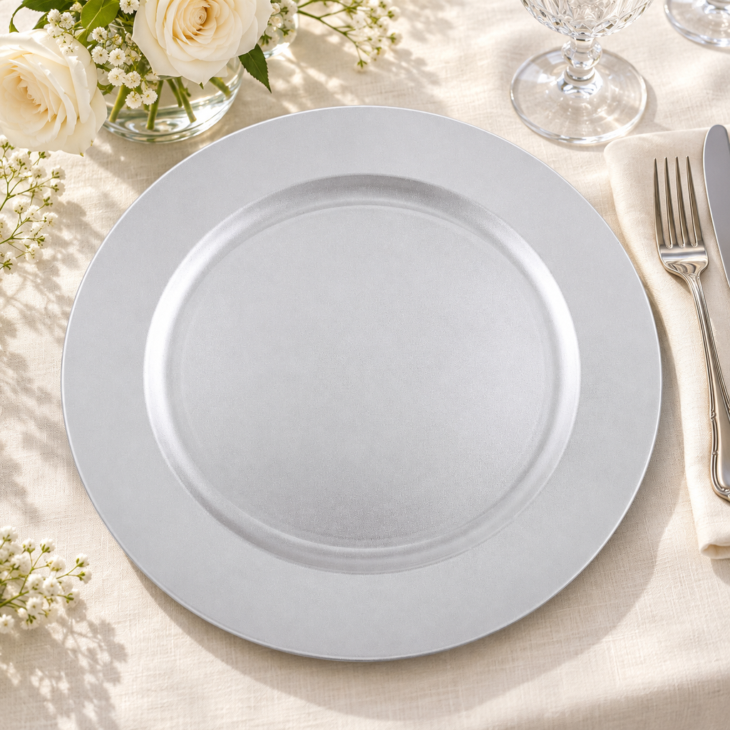 Empty silver white round charger on ivory linen beside white flowers, clear stemware, a folded napkin and silver flatware. Representative arrangement; food and styling props not included.