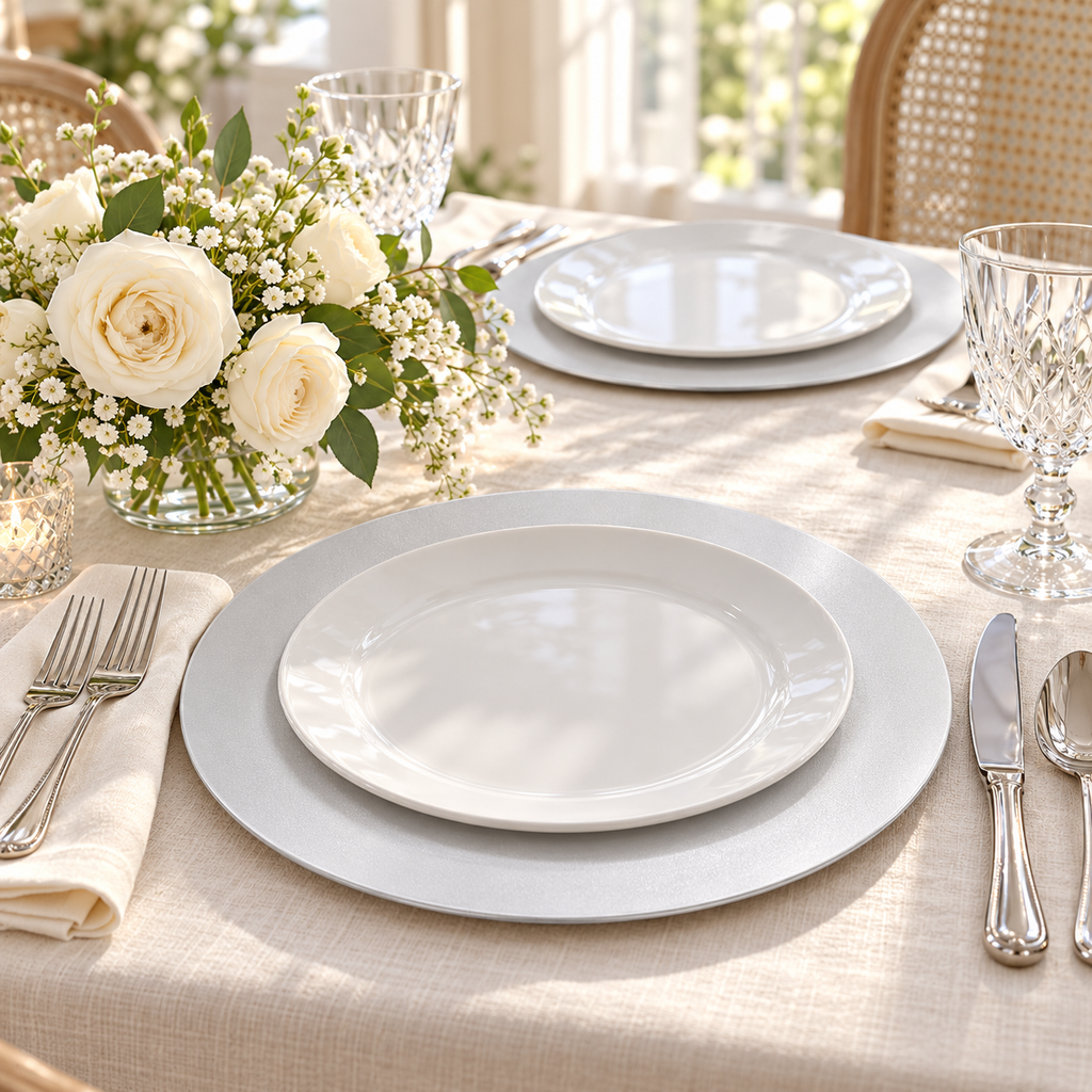 Two silver white chargers beneath separate white dinner plates on an ivory linen table with white flowers and clear glasses. Representative arrangement; food and styling props not included.