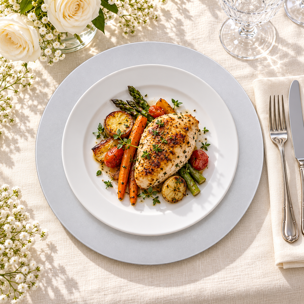 Chicken and vegetables served on a separate white dinner plate above a silver white charger on ivory linen. Representative arrangement; food and styling props not included.