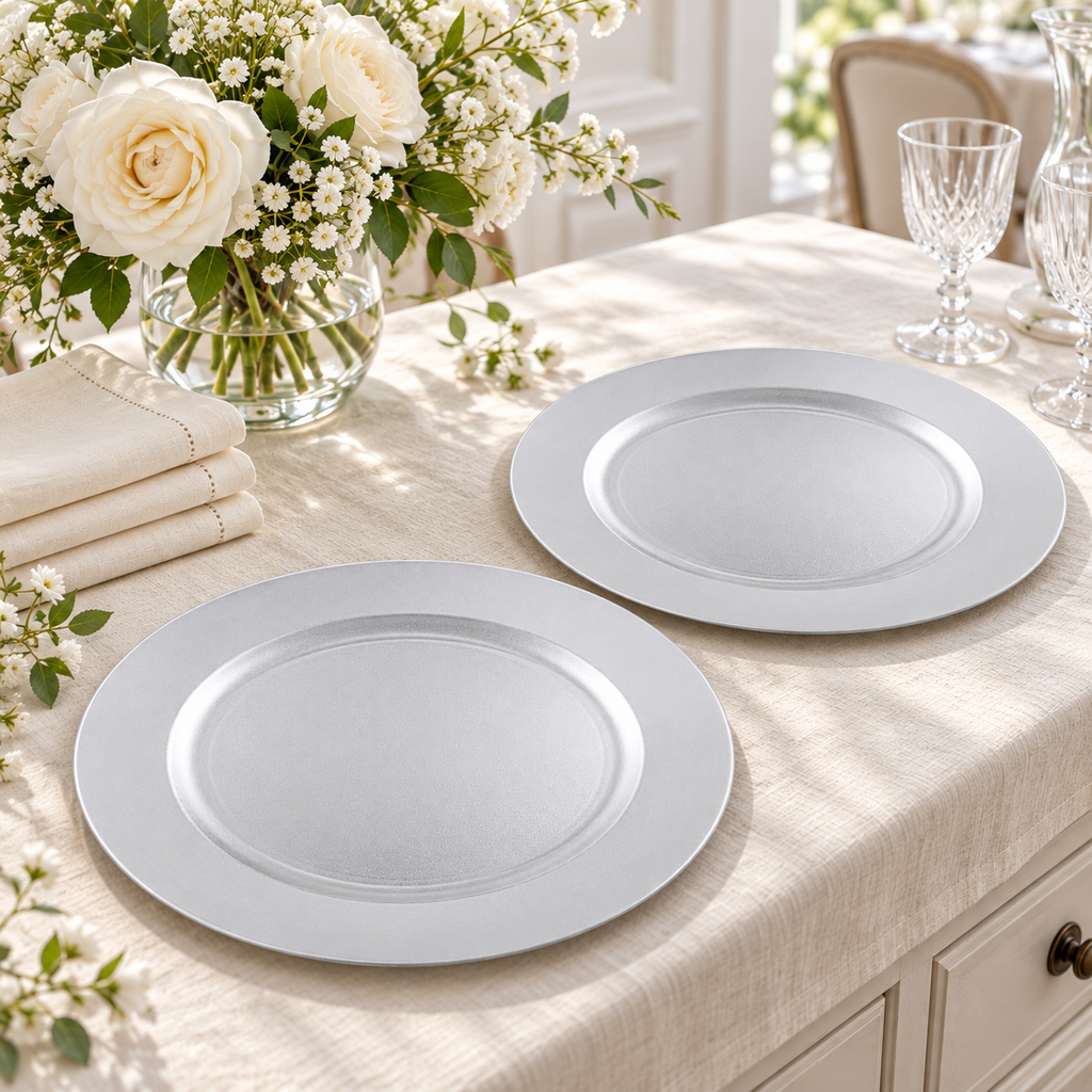 Two empty silver white chargers arranged on an ivory linen covered console beside folded napkins and white flowers. Representative arrangement; food and styling props not included.