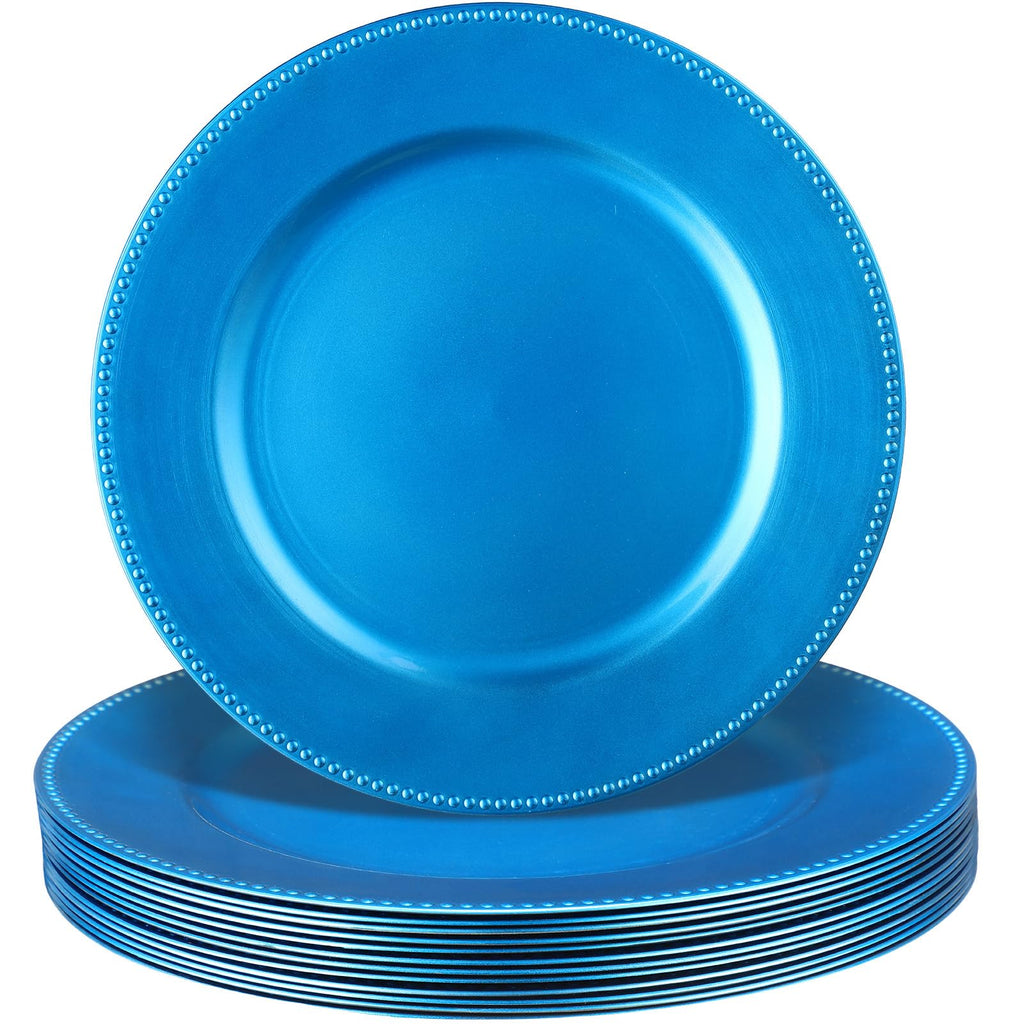 Original supplier photograph of metallic bright blue beaded charger plates.
