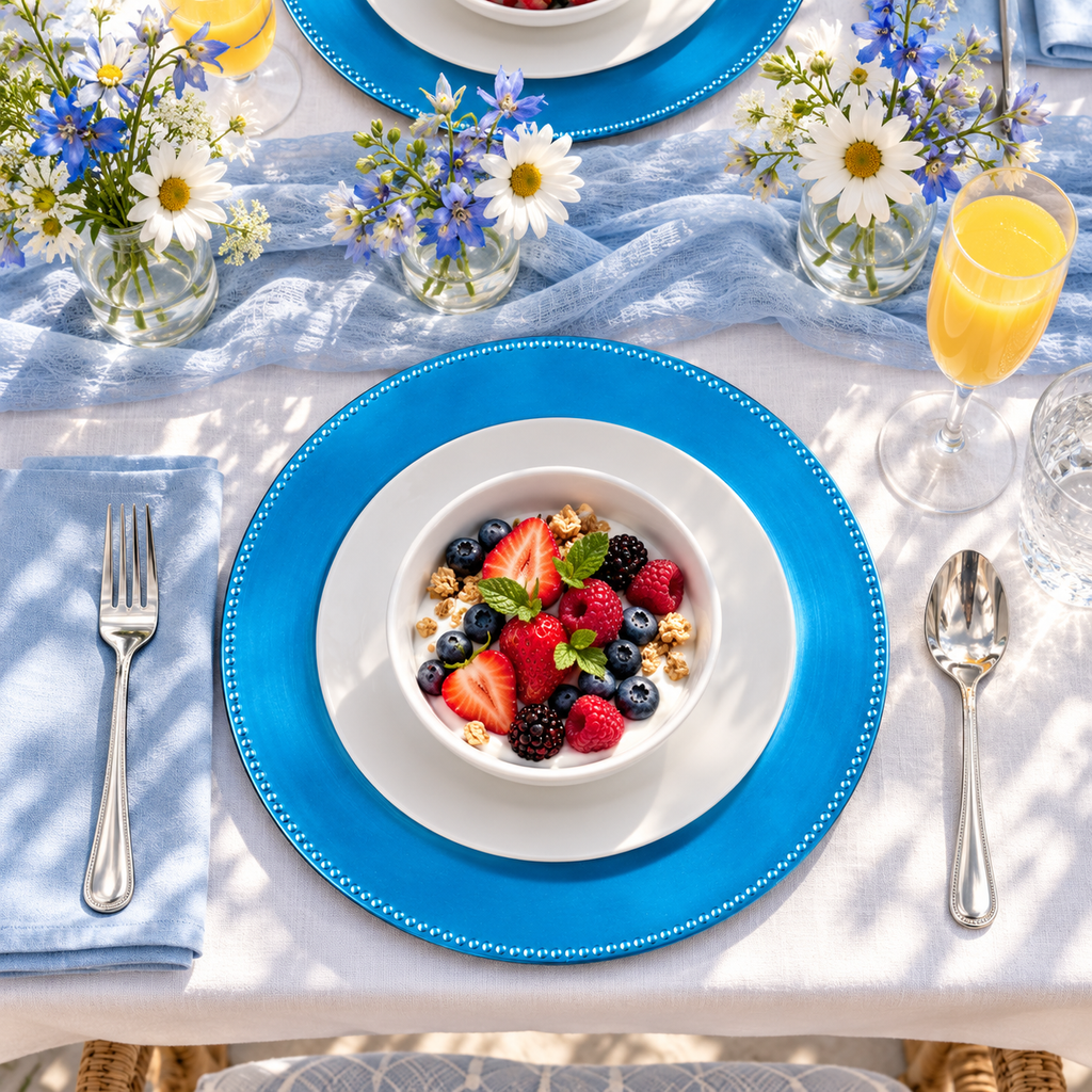 Overhead view of a blue beaded charger supporting a white plate and berry bowl on white and pale blue linen. Representative arrangement; food and styling props not included.