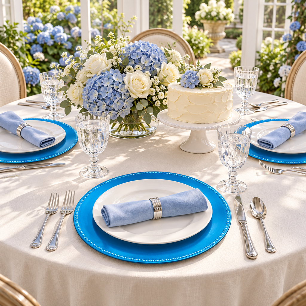 Bright blue beaded chargers with separate white plates around a linen covered birthday table with flowers and cake. Representative arrangement; food and styling props not included.