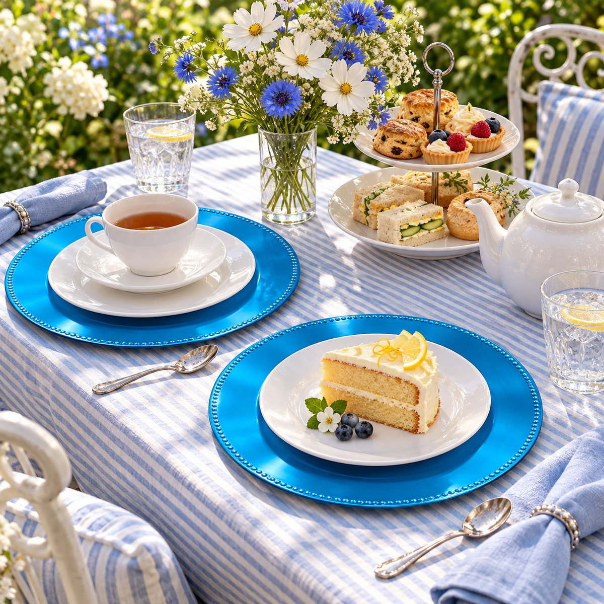 Two blue beaded chargers supporting white tea and dessert dishes on striped linen with flowers and tea service. Representative arrangement; food and styling props not included.